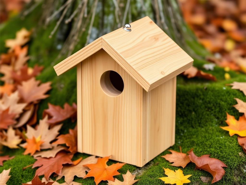 Natural cedar birdhouse resting on autumn leaves