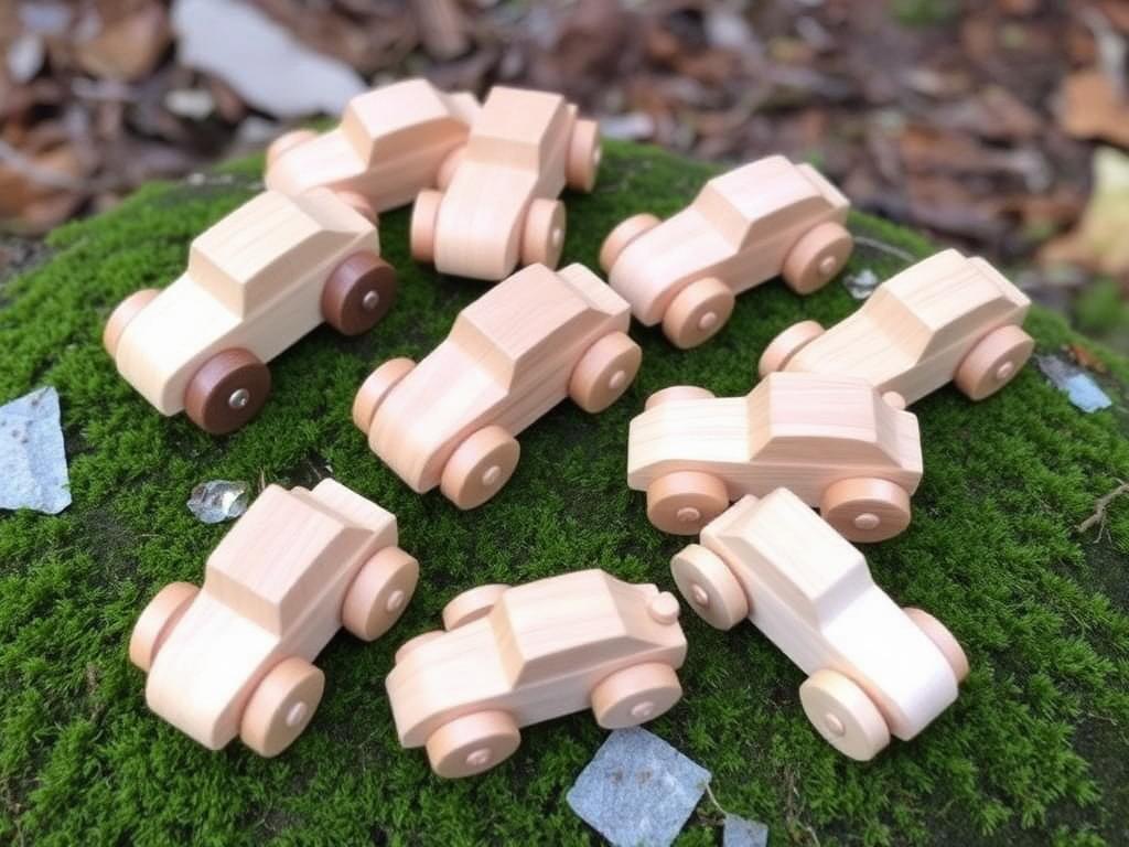 Set of handcrafted wooden toy cars on moss